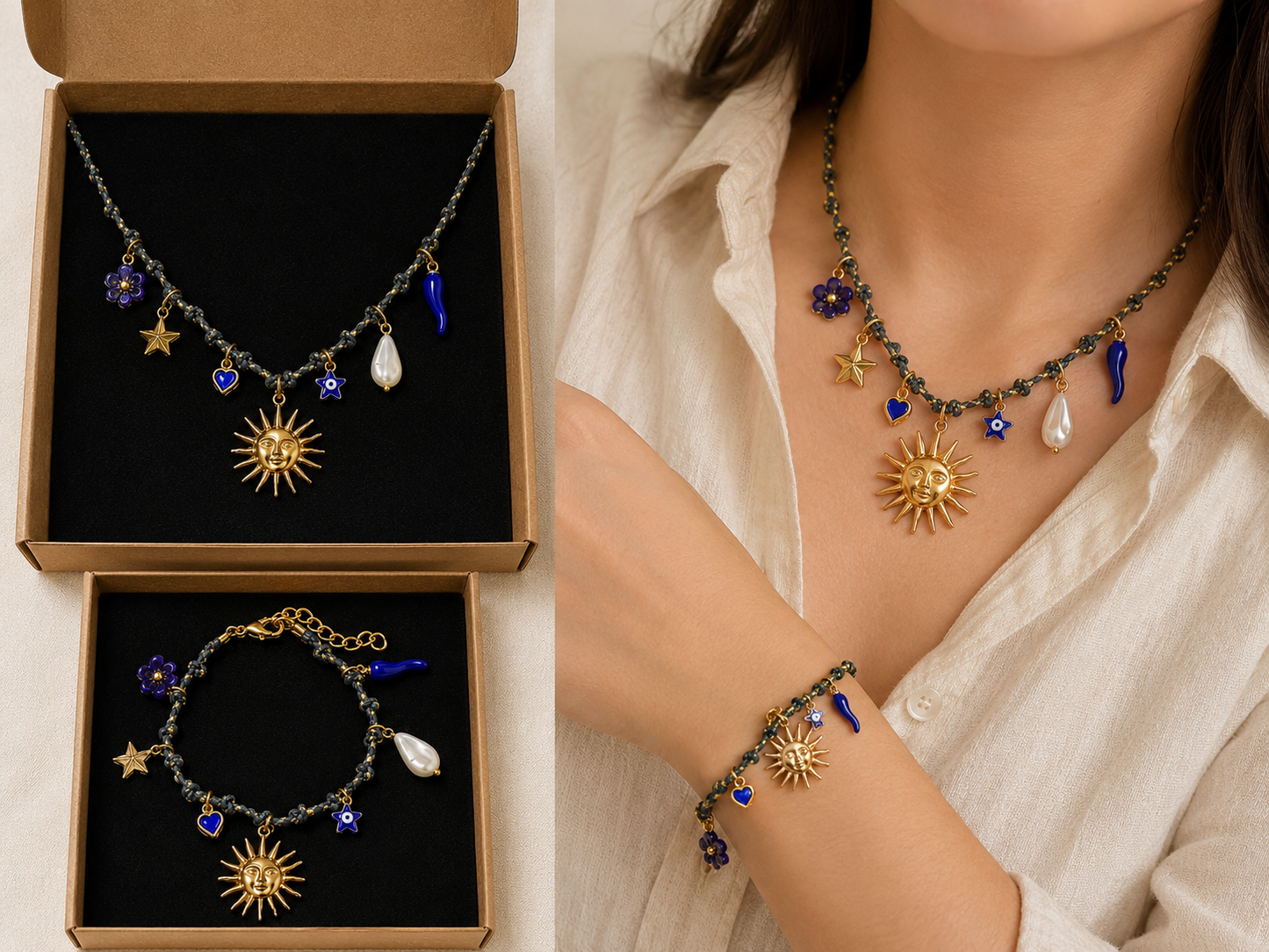 Conjunto collar y pulsera charm Sol de Mayo | Estilo Bohemio
